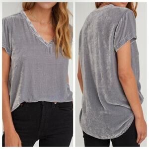 Cloth & Stone Anthropologie Silver Gray Silk Blend Velvet Short Sleeve Top Sz L